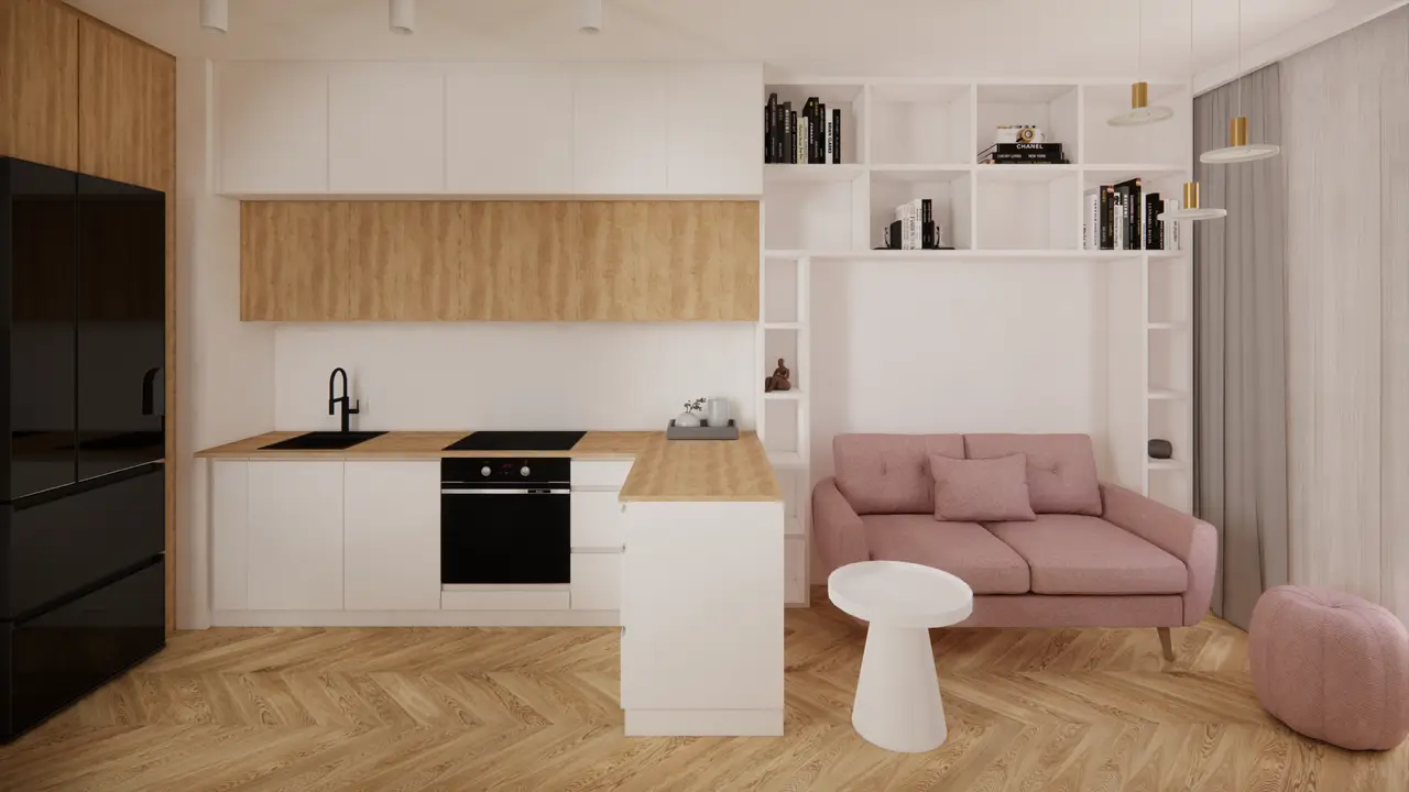 biale meble , rozowa sofa 